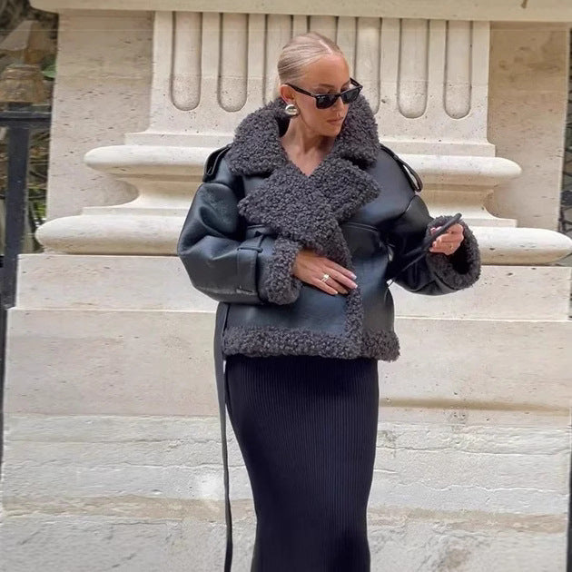 Women's Classy Creative Belt Waist Fur Jackets