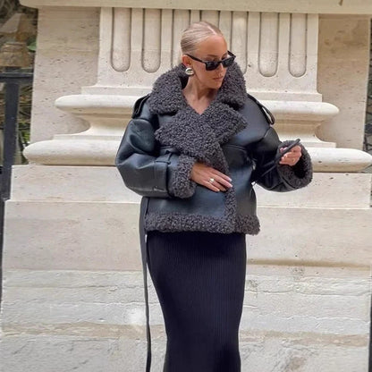 Women's Classy Creative Belt Waist Fur Jackets