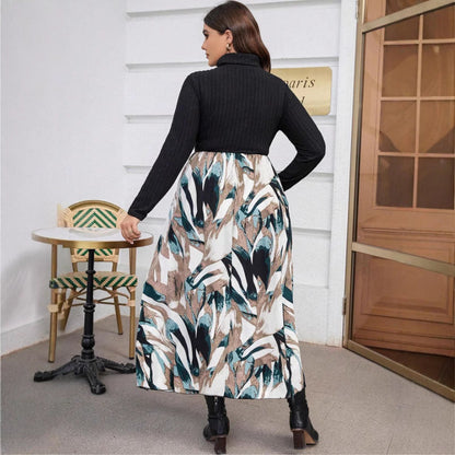 Women's Long Dress Multicolor Printing Turtleneck Fat Dresses