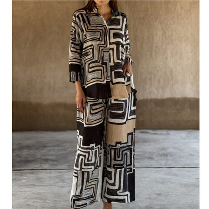 Women's Fashion Cotton Linen Printed Long Sleeve Suits