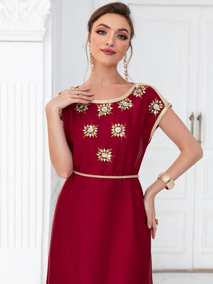 Wine Red Waal Satin Diamond Sleeve Dresses