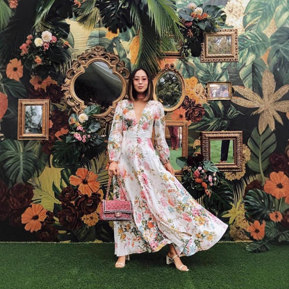 Romantic Floral Print Deep Long Sleeve Big Hem Dresses