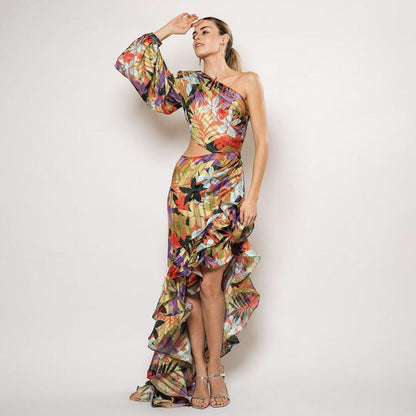 Women's Sexy Oblique Shoulder Single Sleeve Irregular Ruffled Dresses