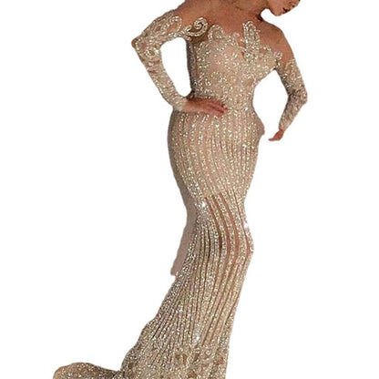 Long Dress Temperament Commute Gold Sequined Solid Color Dresses