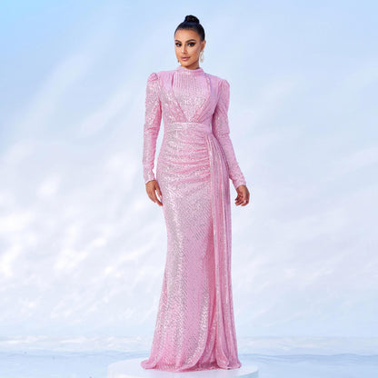 Women's Long Sleeve Temperament Crew Neck Sexy Slim Sequined Dresses