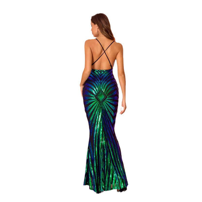 Women's Sexy Strap Backless Sequins Dress Long Dresses