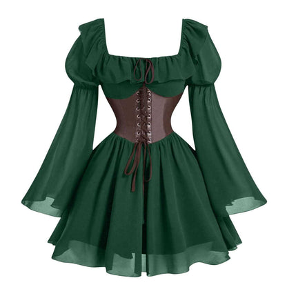 Medieval Puff Sleeve Dress Halloween Drawstring Skirts
