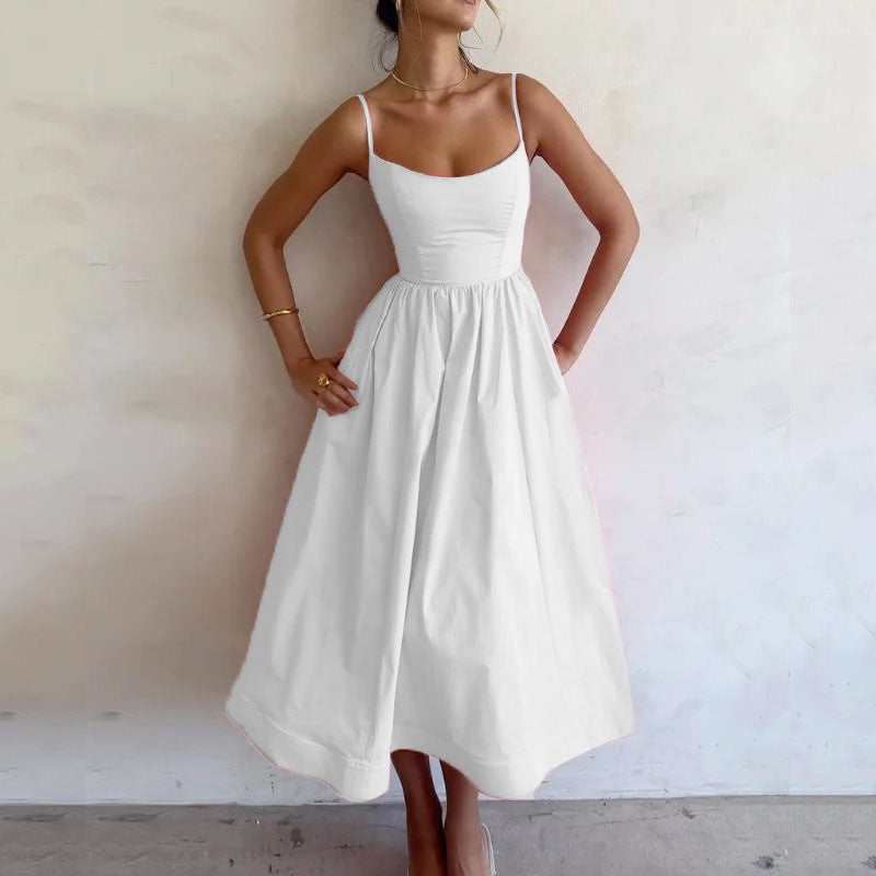 Women's Dopamine Solid Color Suspender Dress Waist Pleated Dresses