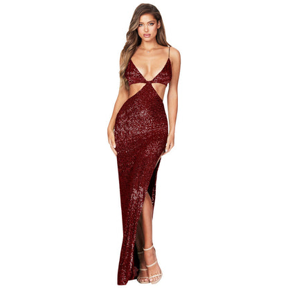 Women's Sequins Backless Dress High Sense Split Dresses