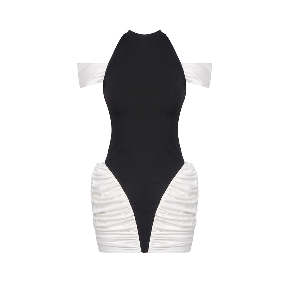 Women's Contrast Patchwork Sexy Hourglass Pleated Halter Dresses
