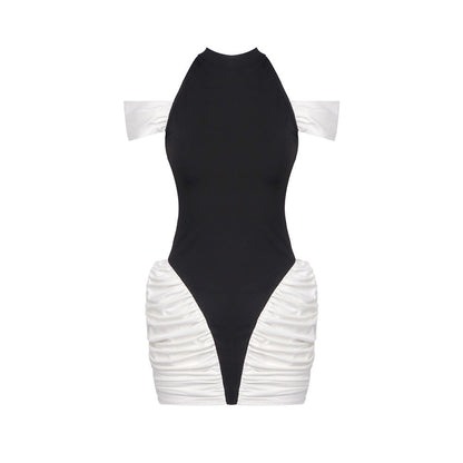 Women's Contrast Patchwork Sexy Hourglass Pleated Halter Dresses