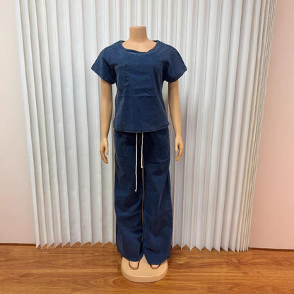 Women's Round Neck Sleeve Drawstring Loose Straight Suits