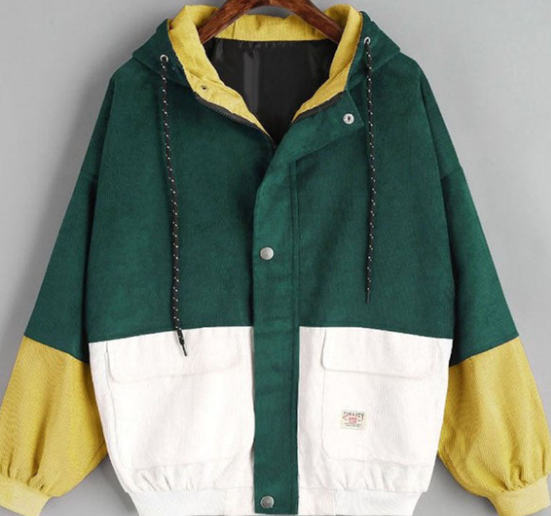 College Style Loose Color Matching Hooded Coats
