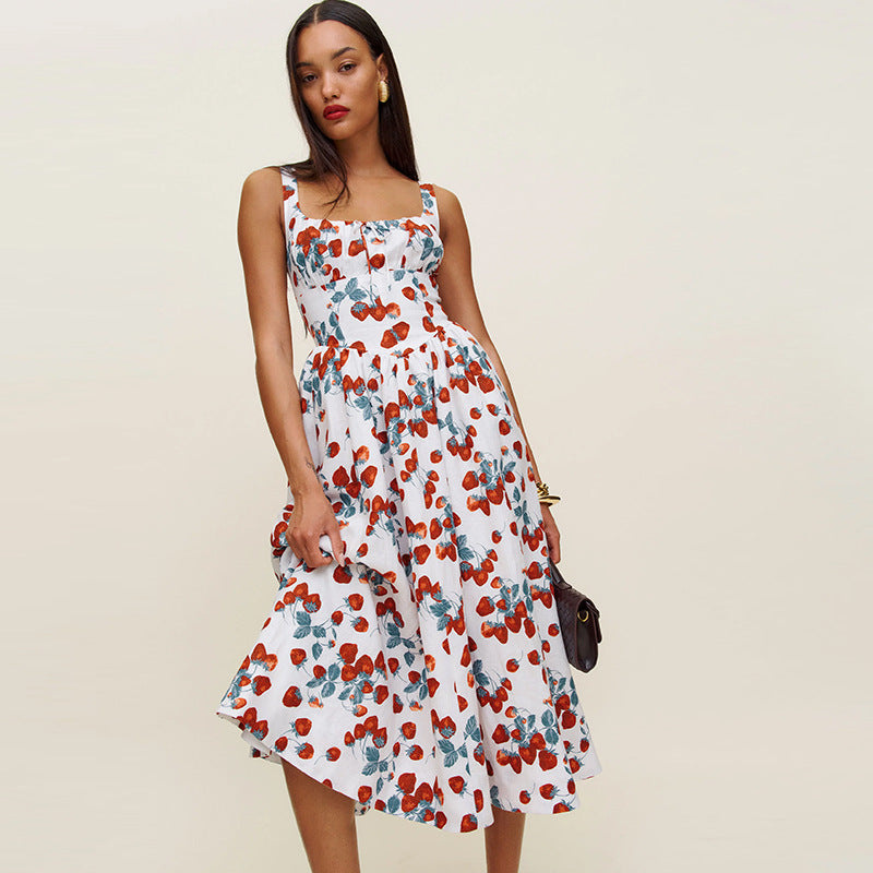 Printed Strawberry Square Collar Mid-length Vacation Dresses