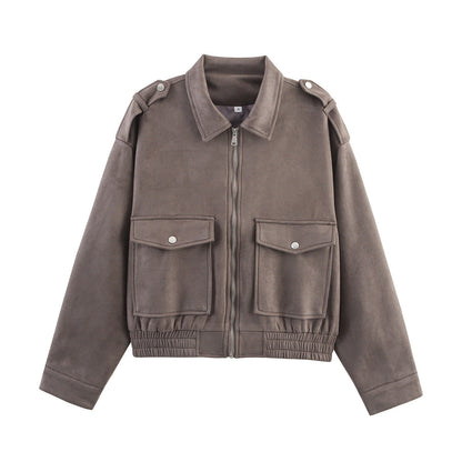 Women's Pocket Decorative Suede Texture Zipper For Jackets