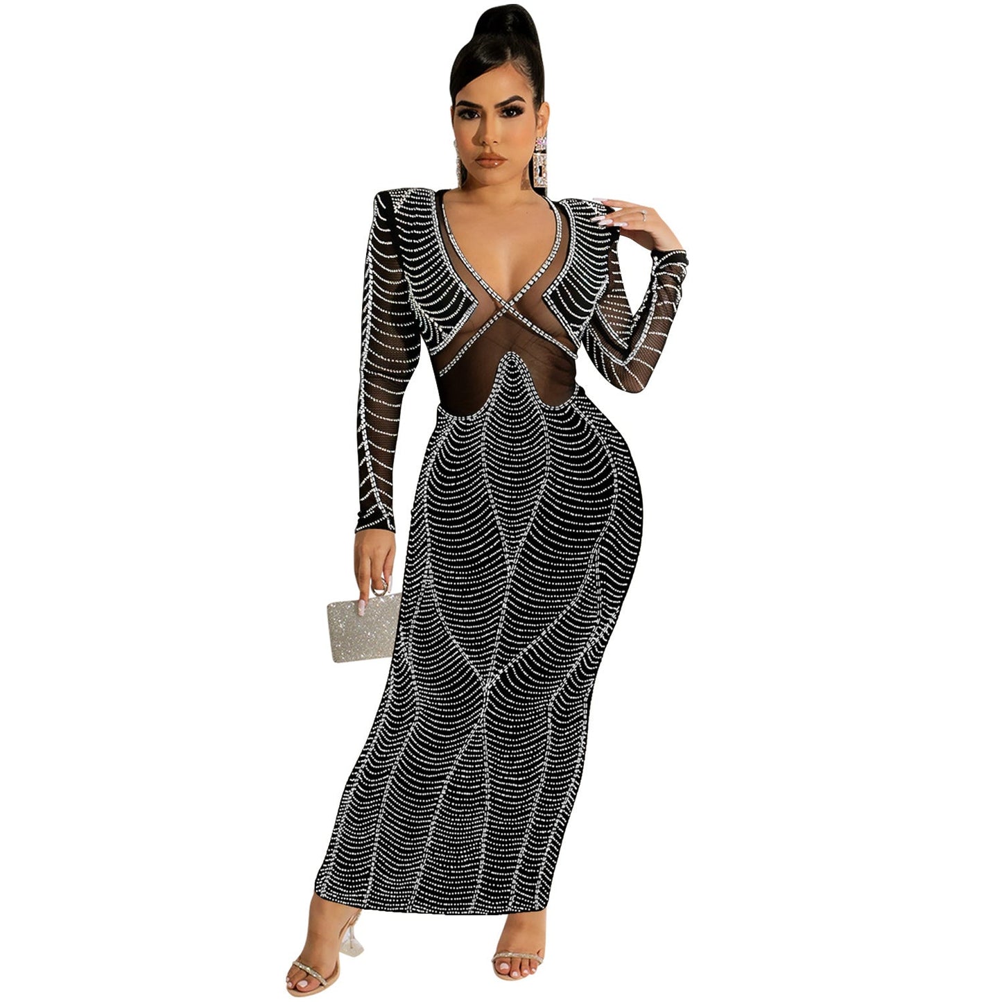 Women's Sexy Nightclub Rhinestone Mesh Long Sleeve Dresses
