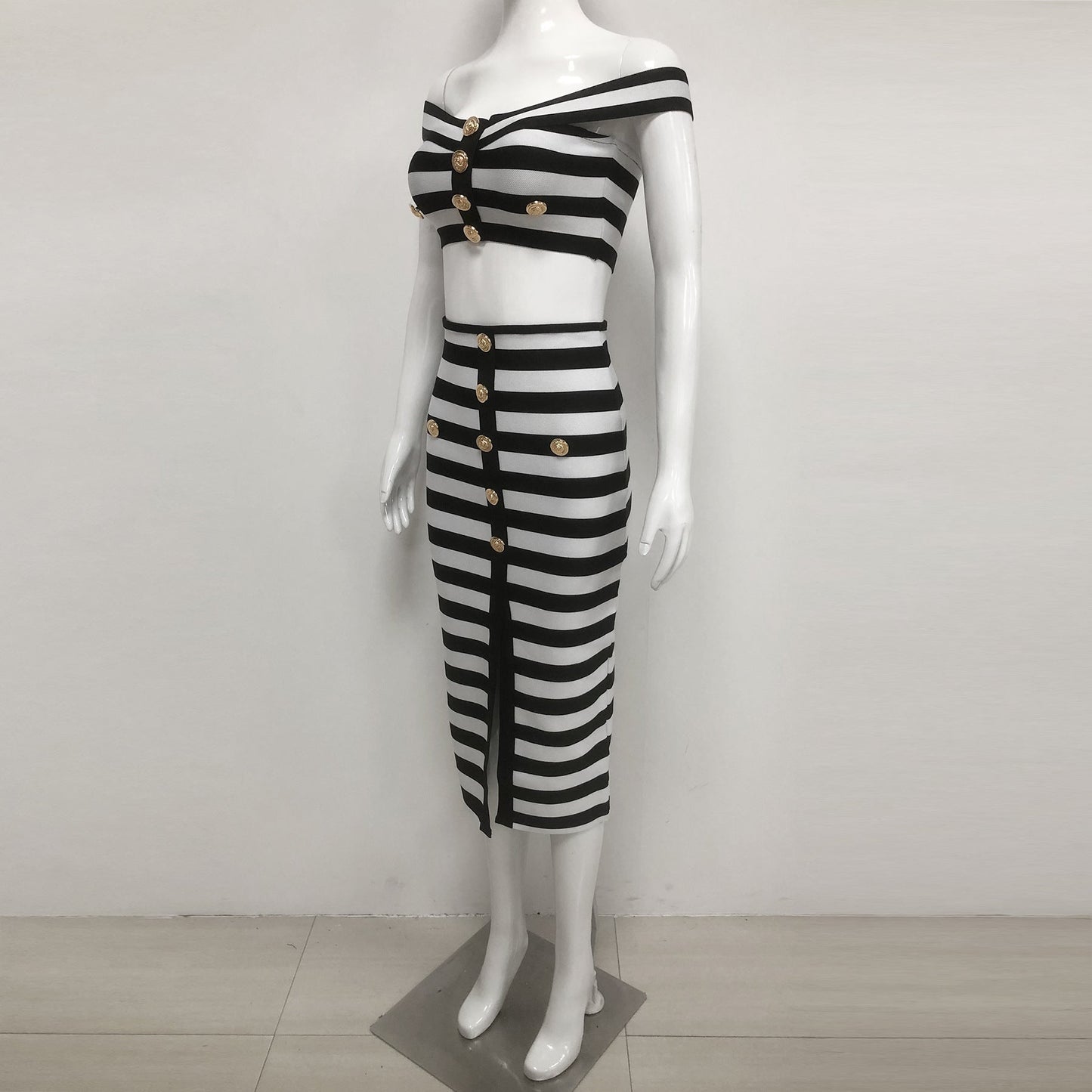 Women's Sexy Gold Buckle Black White Striped Dresses