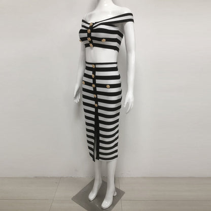 Women's Sexy Gold Buckle Black White Striped Dresses