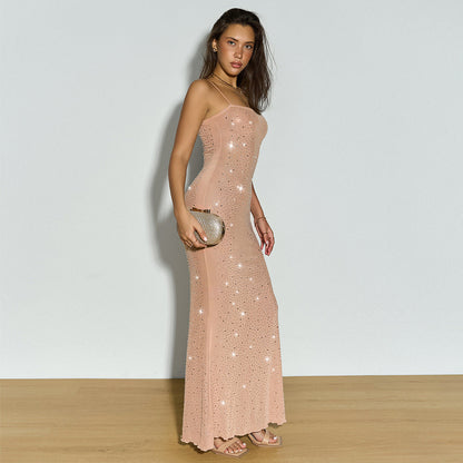 High-grade Formal Transparent Mesh Rhinestone Strap Dresses