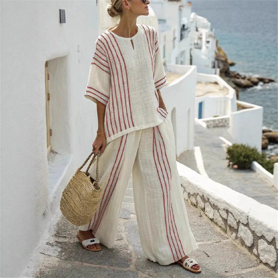 Women's Casual Comfortable Striped Printed T-shirt Wide Suits
