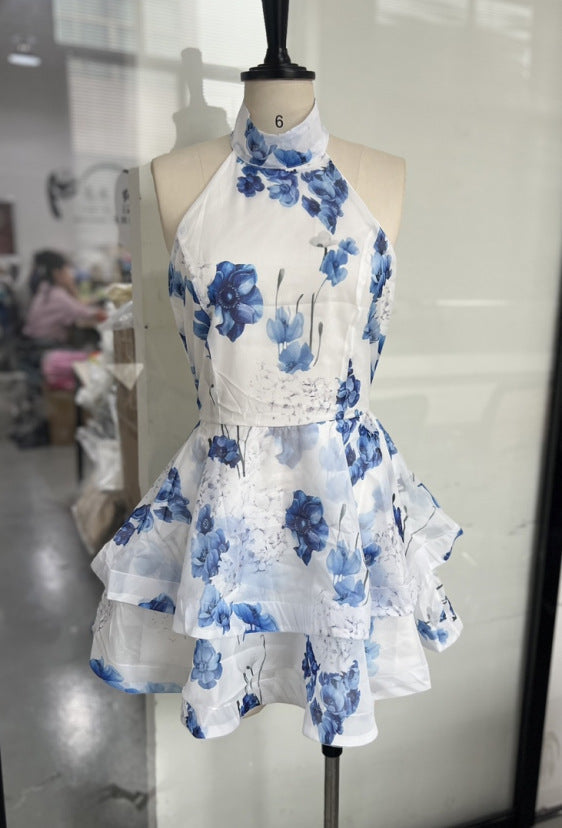 Women's Sweet Elegance Printed Backless Lace Up Dresses