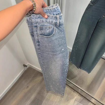 Women's Rhinestone High Waist Wash Spring Loose Jeans