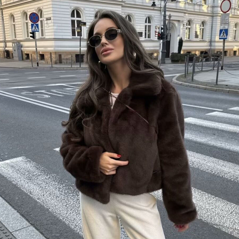 Women's Stylish Lapels Imitation Fur Furry Coats