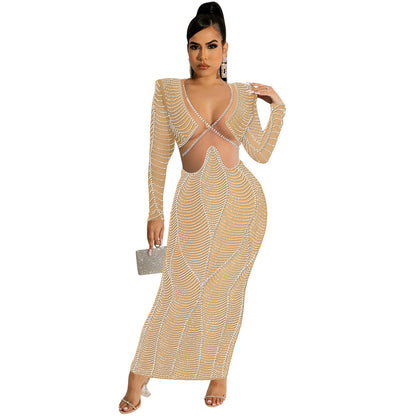 Women's Sexy Nightclub Rhinestone Mesh Long Sleeve Dresses