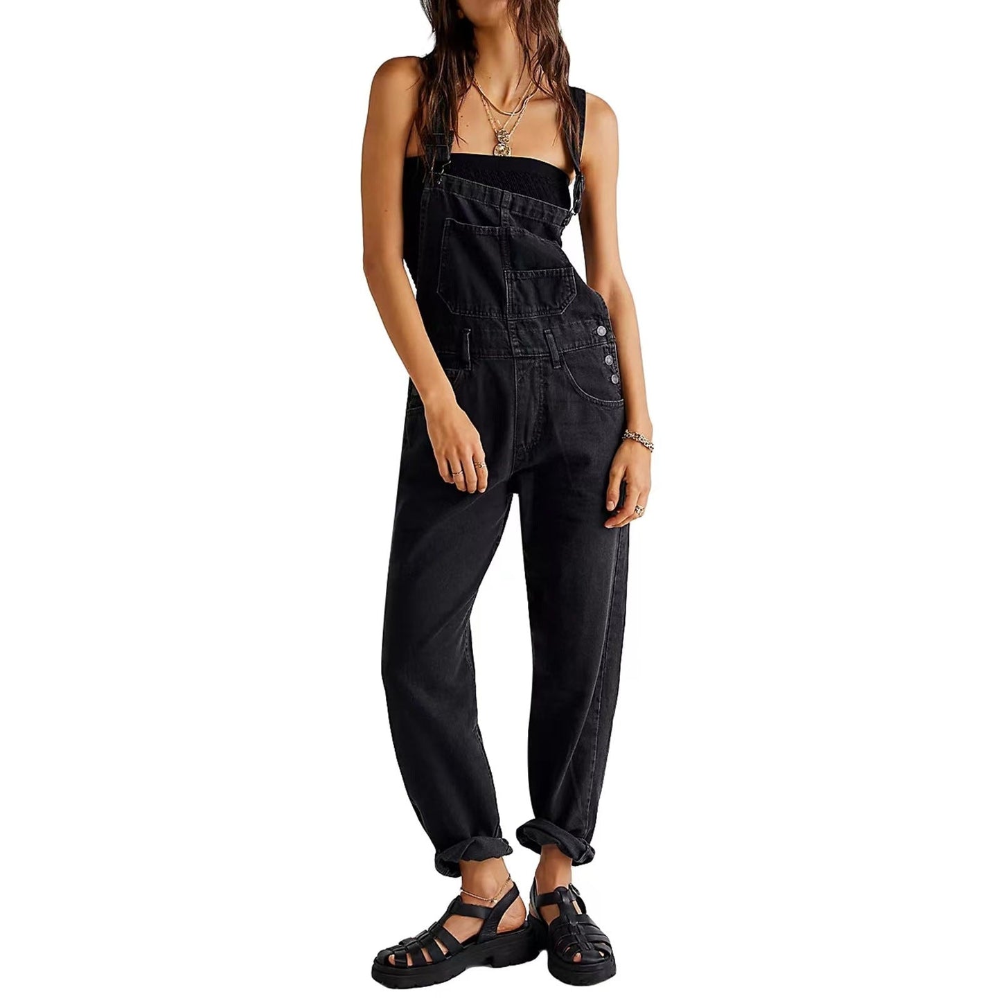 Women's Fashion Casual Loose Denim Suspender Trousers Jeans
