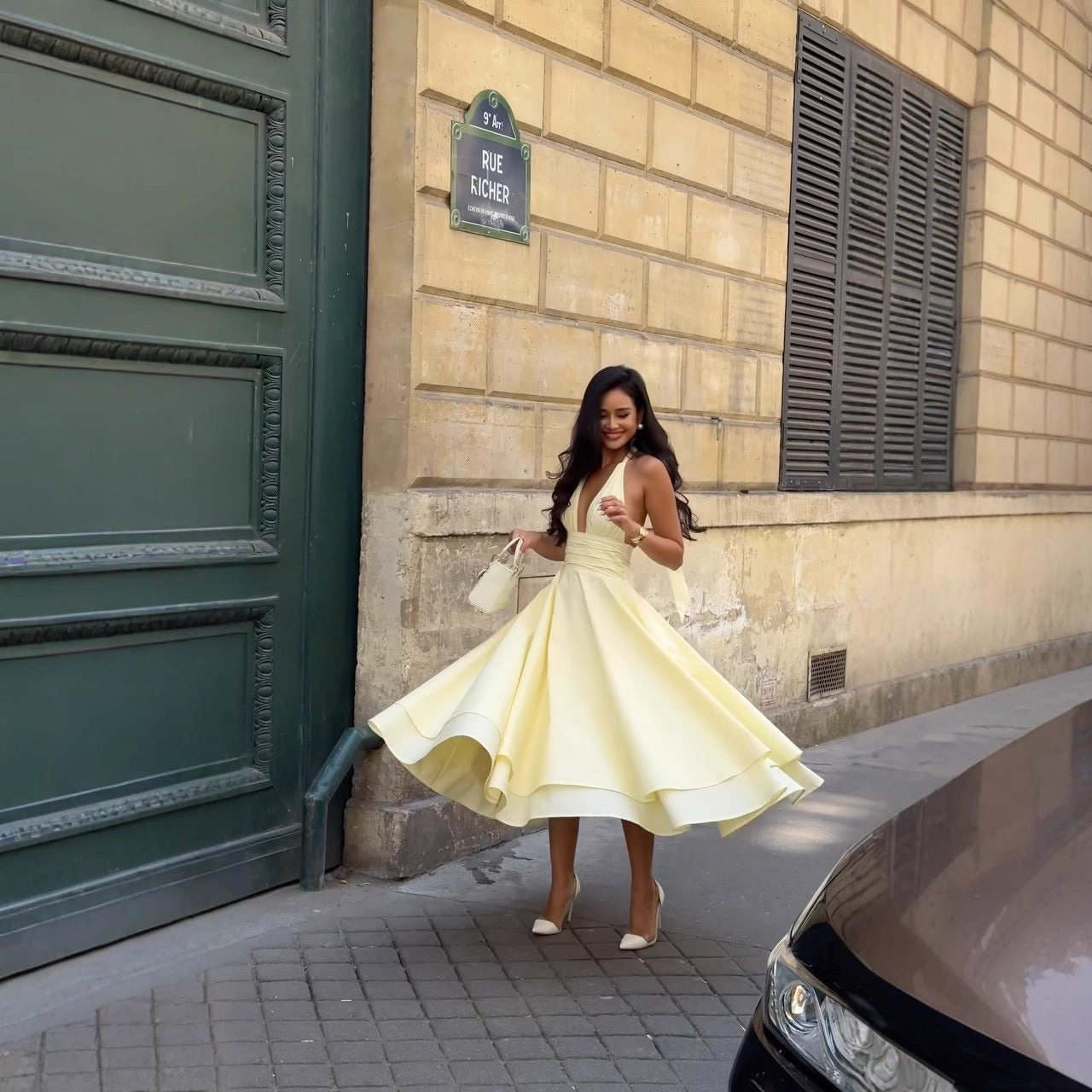 Women's Sexy Fashion Backless Pure Color Ruffles Dresses