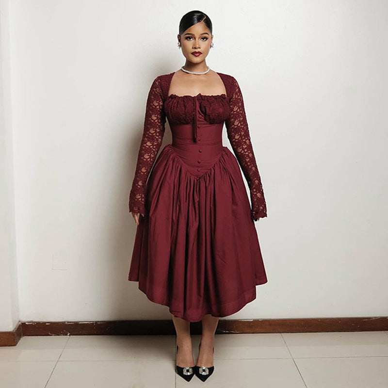 Women's Square Collar Lace Long Sleeve Waist Dresses