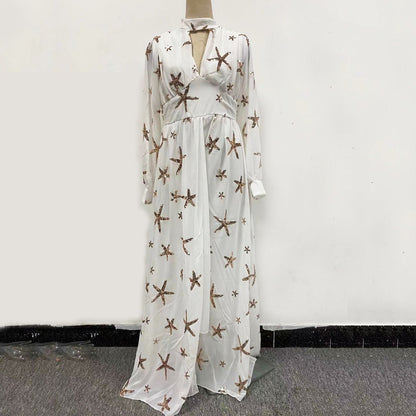 Sequined Slit Lantern Sleeve Formal Swing Dresses