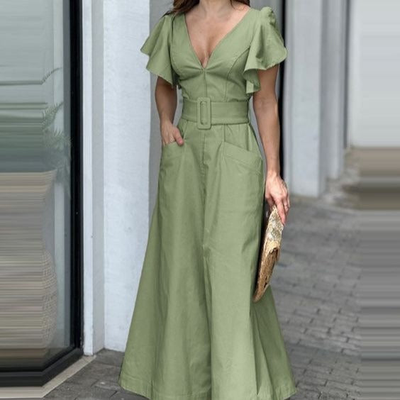 Dress Solid Color Ruffle Sleeve Temperament Dresses