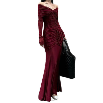 Women's Autumn Elegant Pleated Red Dress Dresses