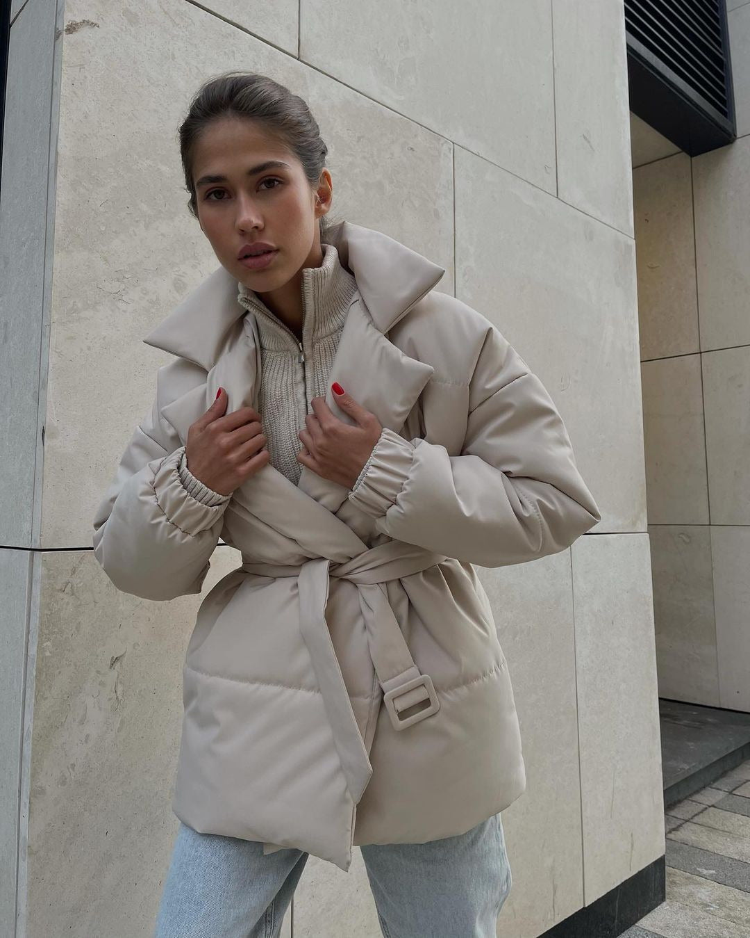 Women's Padded Lapel Cinched Slimming Pure Color Coats
