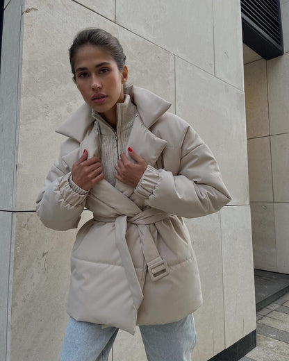 Women's Padded Lapel Cinched Slimming Pure Color Coats