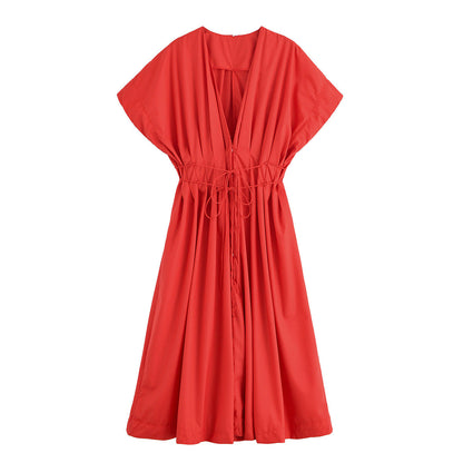 Women's Pullover Pleated Draping Shoulder Sleeve Midi Dresses