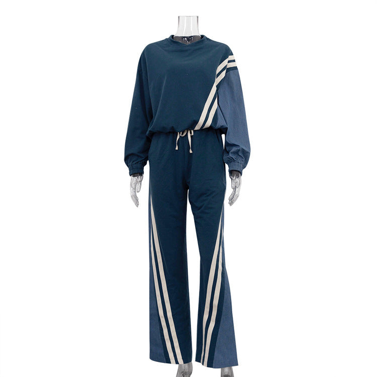 Color Striped Pullover Drawstring Trousers Two-piece Suits