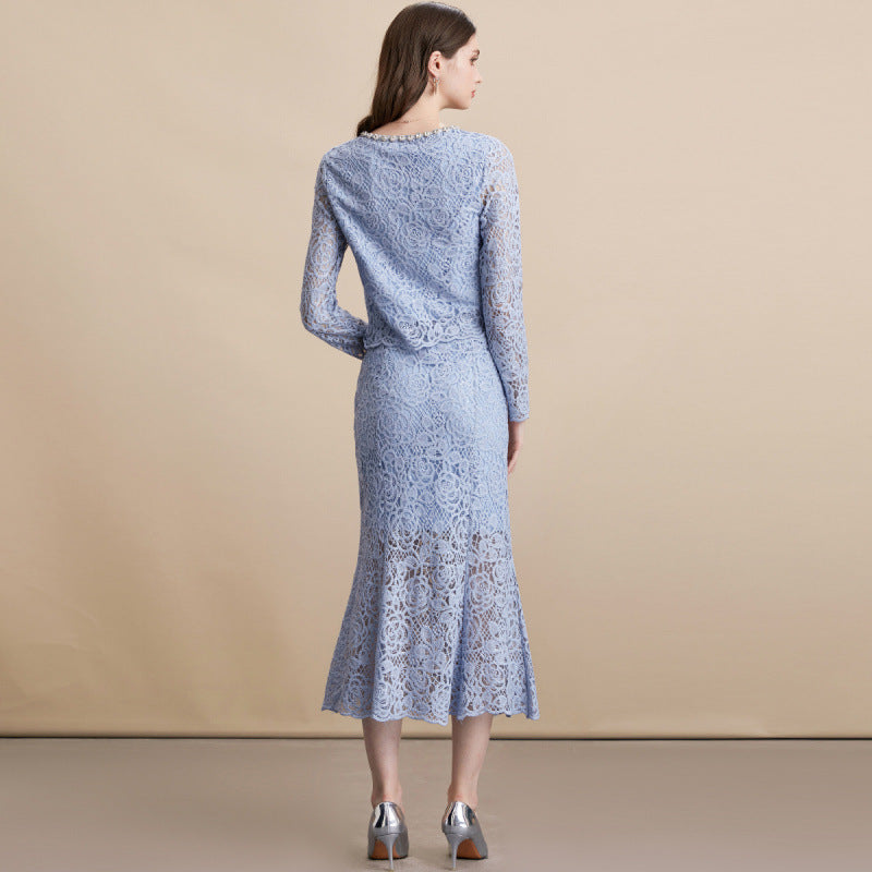 Diamond Round Neck Long Sleeve Crocheted Lace Dresses