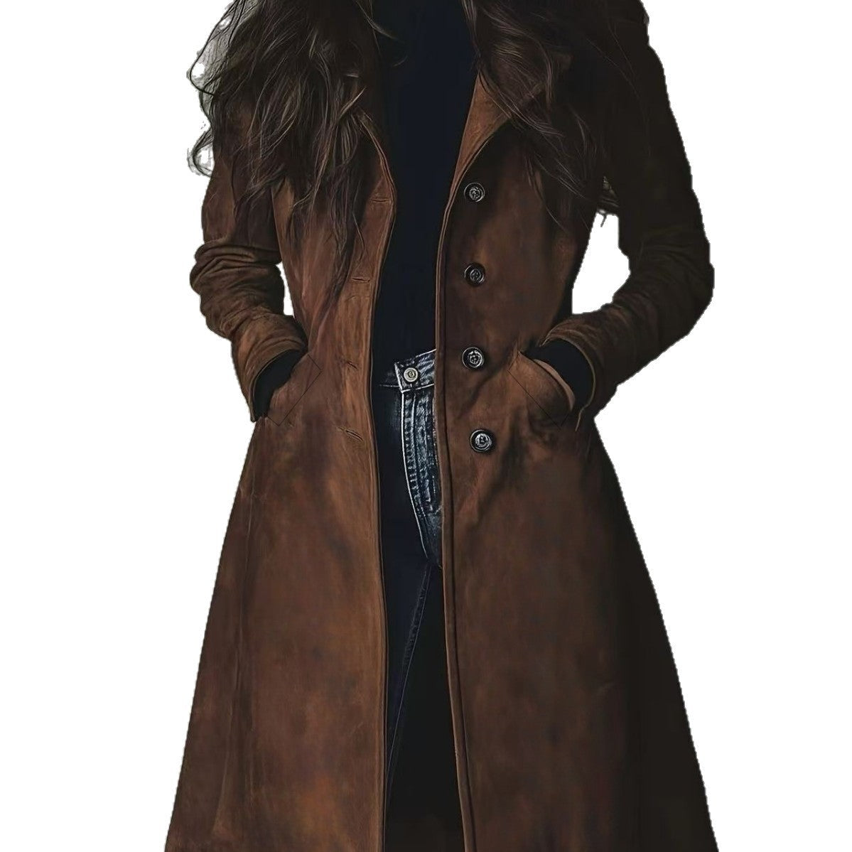Women's Lapel Western Style Suede Long Trench Coats