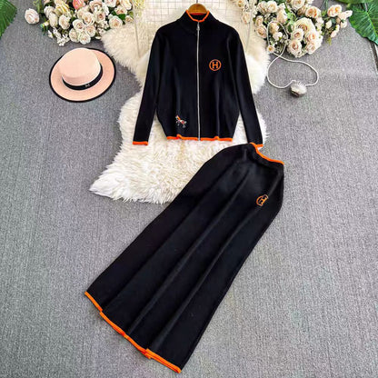 Women's Zipper Embroidered Long-sleeved Two-piece High Waist Suits