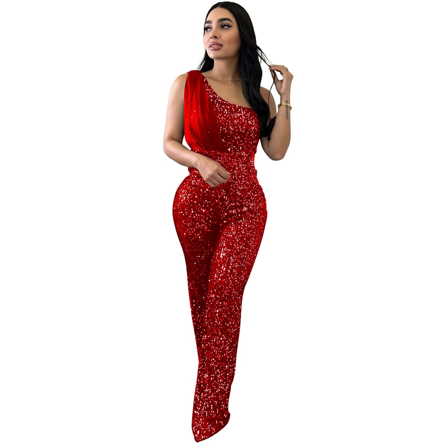 Women's Fashion Wear Solid Color Sleeveless Sequined Jumpsuits