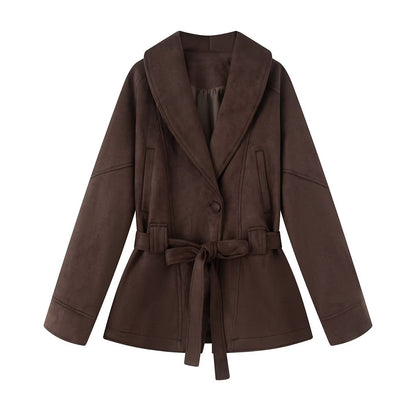Women's Suede Texture Waist Trimming Lace Up Coats