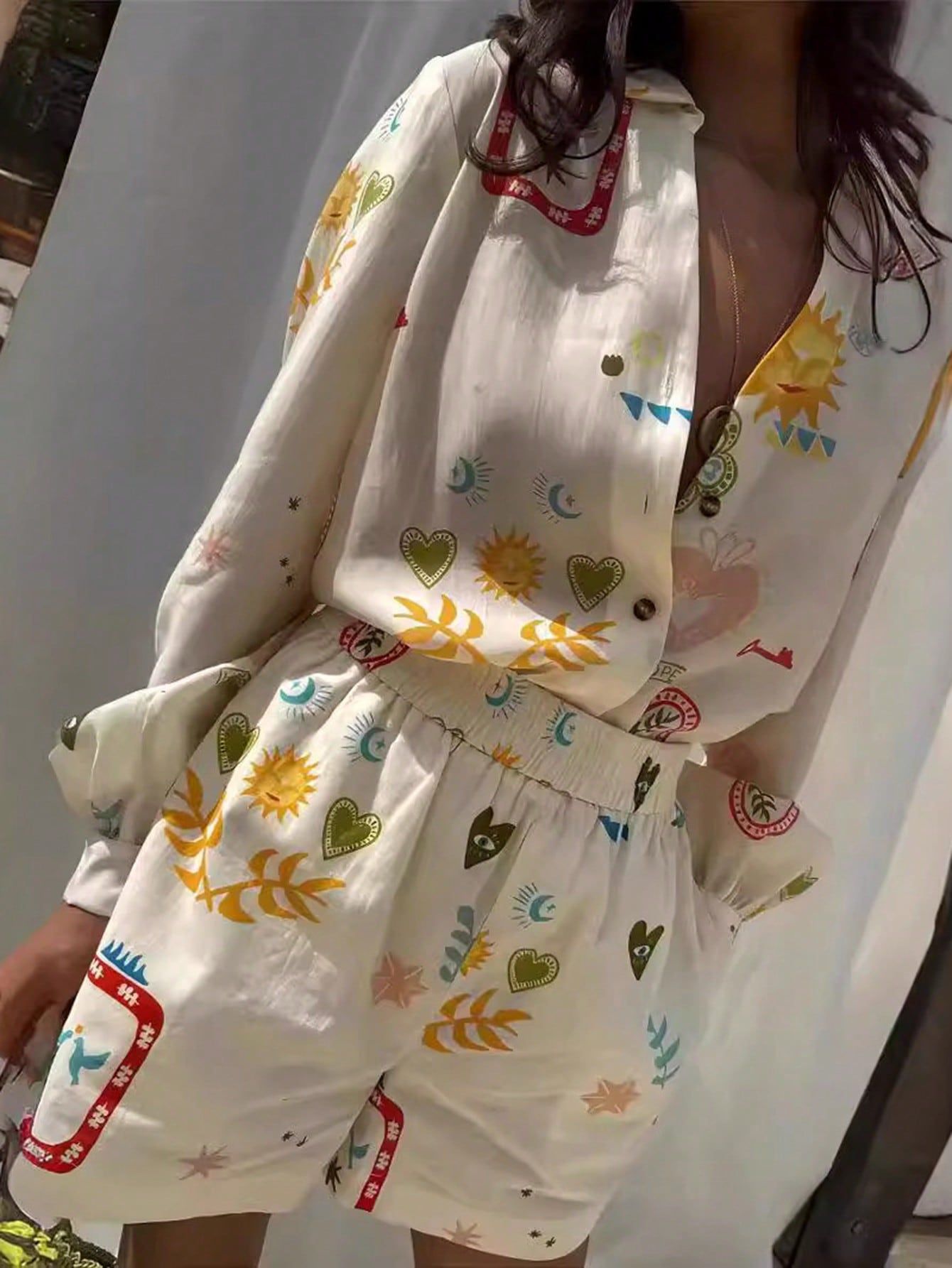 Women's Graceful Shirt Print Holiday Outfit Suits