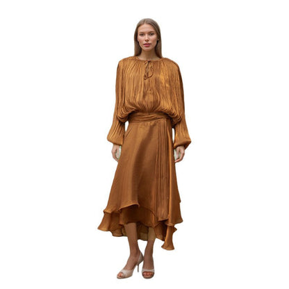 Women's Color Long Dress Autumn Waist Slimming Sleeve Dresses