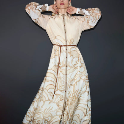 Women's Pastoral Style Lapel Long Sleeve Waist A- Line Dresses