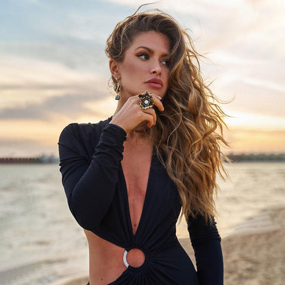 Women's Deep V Midriff Outfit Sexy Long Dresses