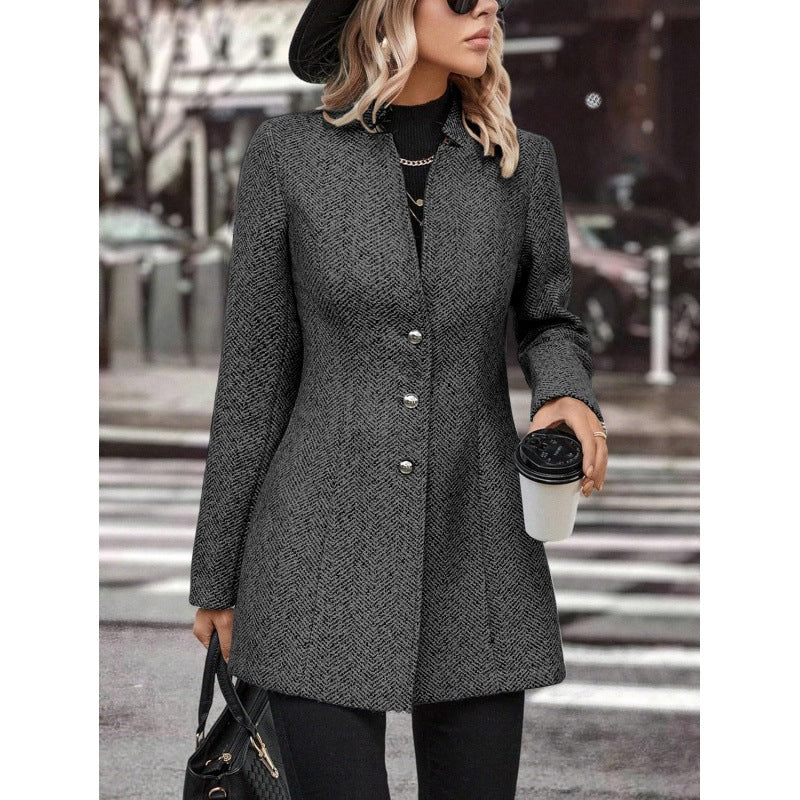 Women's Long Sleeve Solid Color Stand Collar Button Trench Fashion Coats