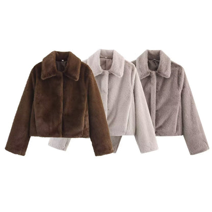 Women's Stylish Lapels Imitation Fur Furry Coats