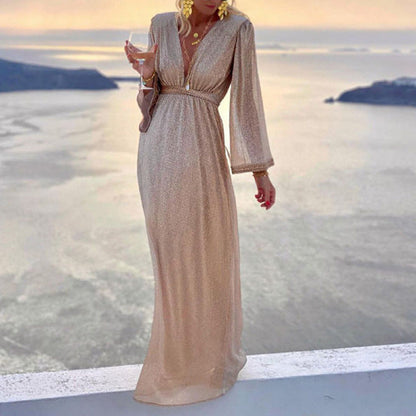 Women's Fashion Beige Collar Long Sleeve Sequins Dresses